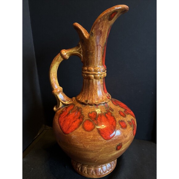 VTG MID-CENTURY 60’s BAR HARBOR MAINE POTTERY PITCHER BROWN ORANGE DRIP GLAZE - Picture 1 of 10